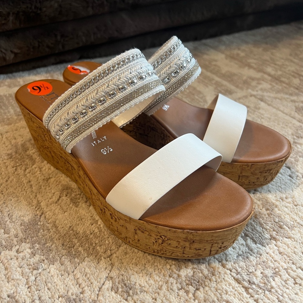 Women's White and Tan Wedge Sandals